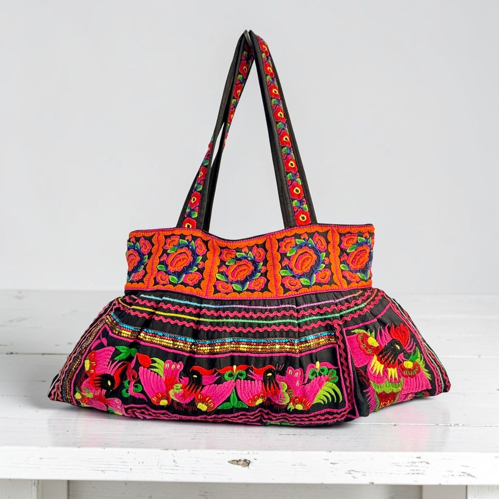 Colorful Embroidered Bag Hmong Style Floral Bird Boho Canvas Tote Sequin Folk